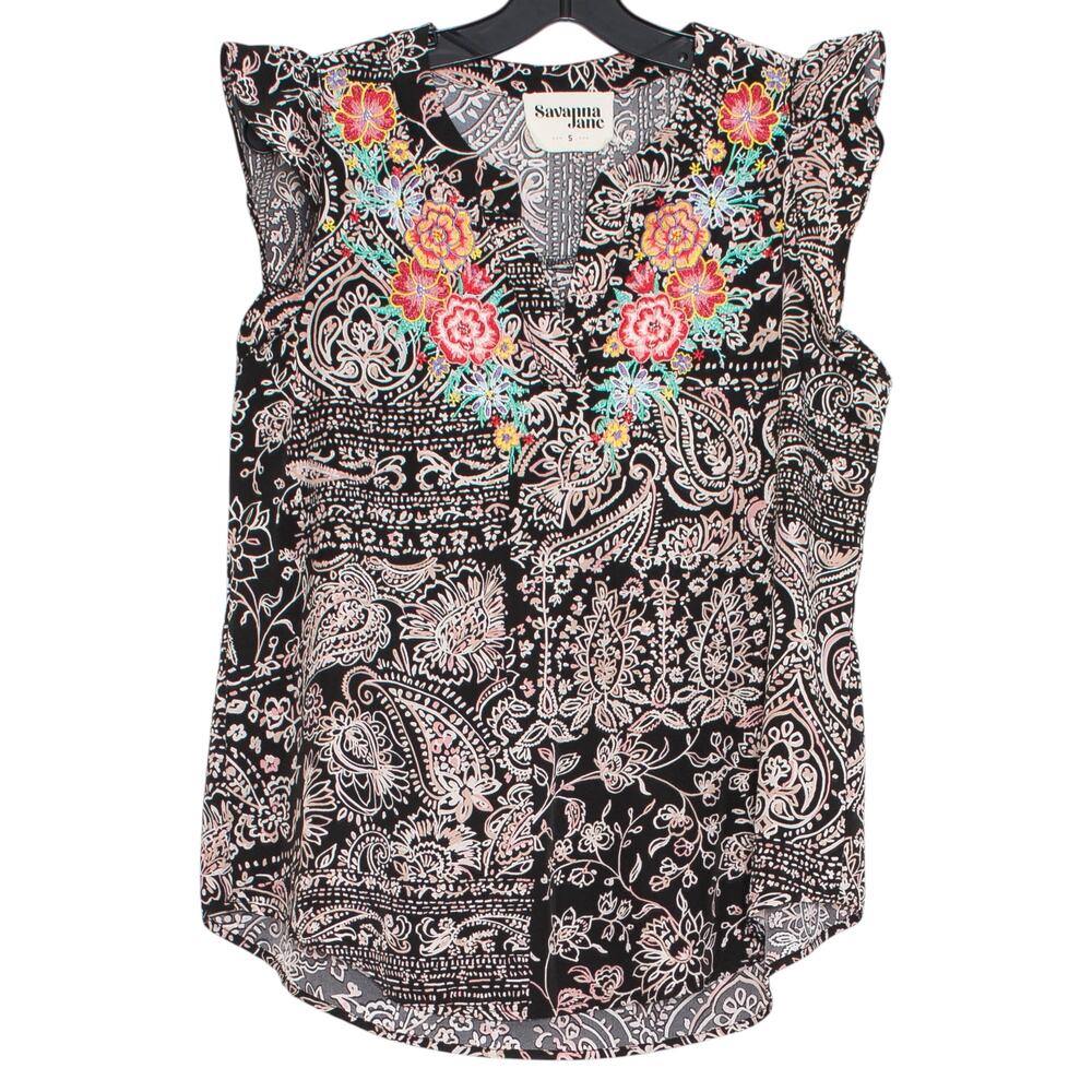 Savanna Jane Top Embroidered Floral Paisley Abstract Boho Cottagecore Black S